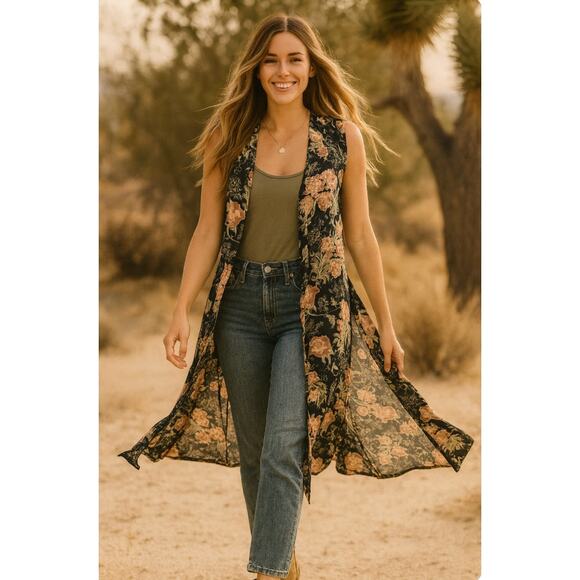 Floral Sleeveless Kimono Duster Wrap Navy Lightweight S Boho Flowy Semi Sheer - Picture 12 of 12